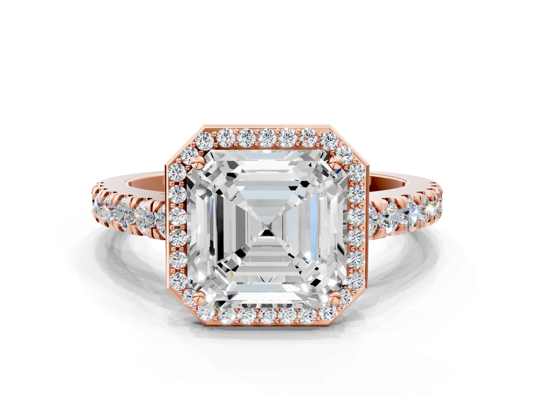 Rose gold Asscher Cut Halo Diamond Engagement Ring with Pave Band and Four-Prong Setting_23