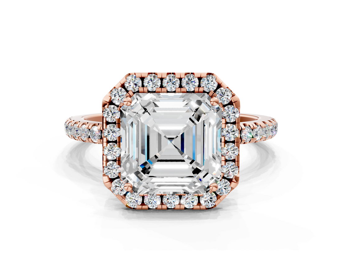 Rose gold Asscher Cut Halo Diamond Engagement Ring with Pave Band and Four-Prong Setting_6
