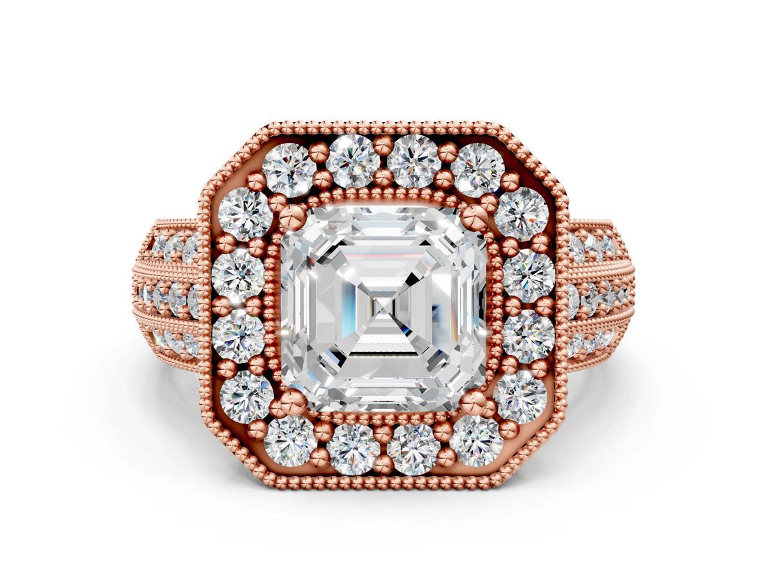 Rose gold Asscher Cut Halo Diamond Engagement Ring with Pave Split Shank and Four-Prong Setting_15
