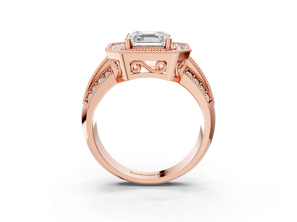Rose gold Asscher Cut Halo Diamond Engagement Ring with Pave Split Shank and Four-Prong Setting