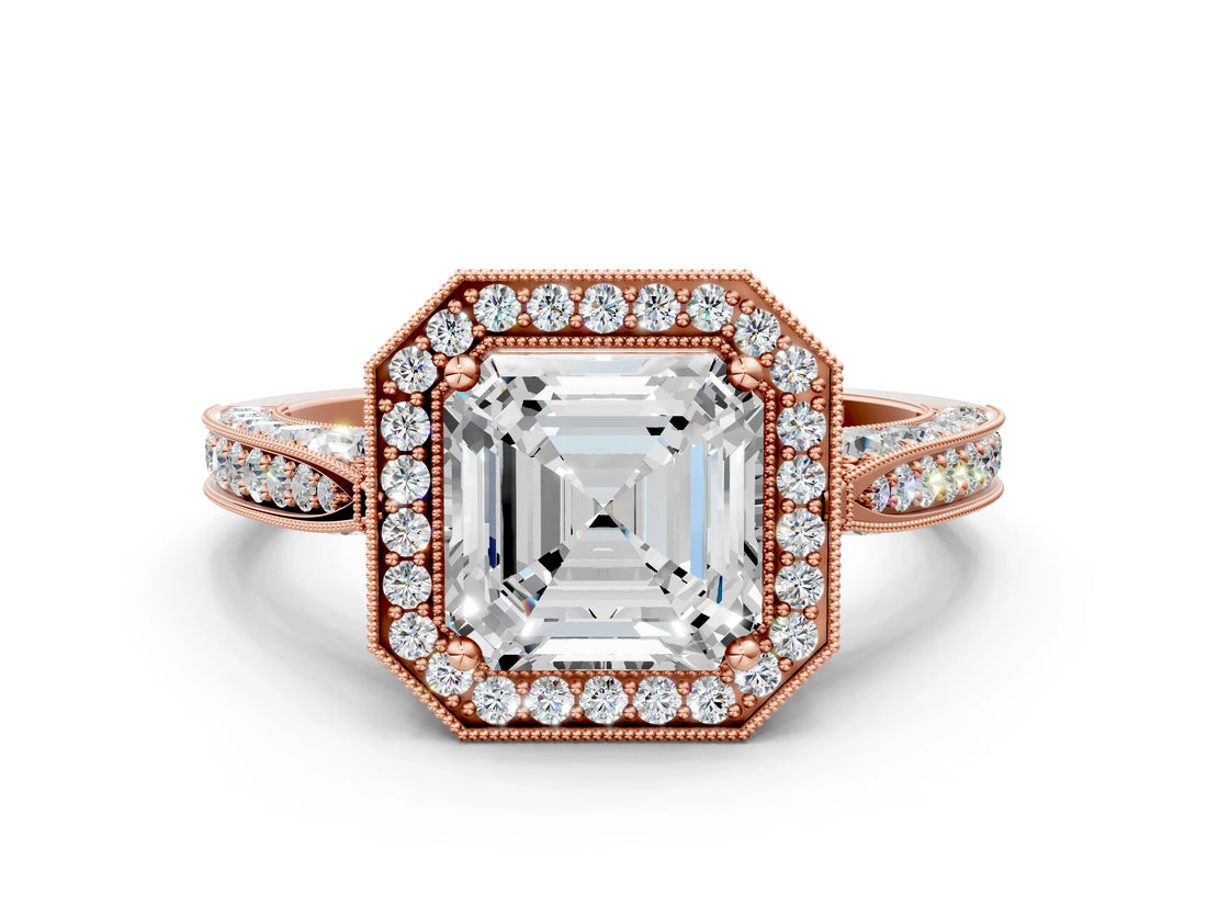 Rose gold Asscher Cut Halo Diamond Engagement Ring with Split Shank Band and Four-Prong Setting_3