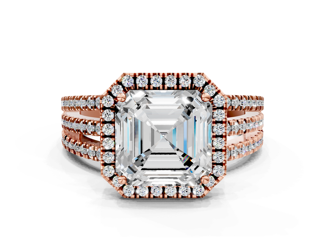 Rose gold Asscher Cut Halo Diamond Engagement Ring with Split Shank and Four-Prong Setting_57