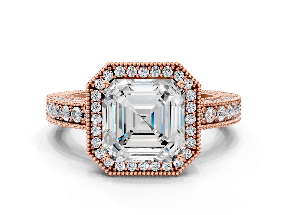 Rose gold Asscher Cut Halo Diamond Pave Band Ring with Four-Prong Setting_6