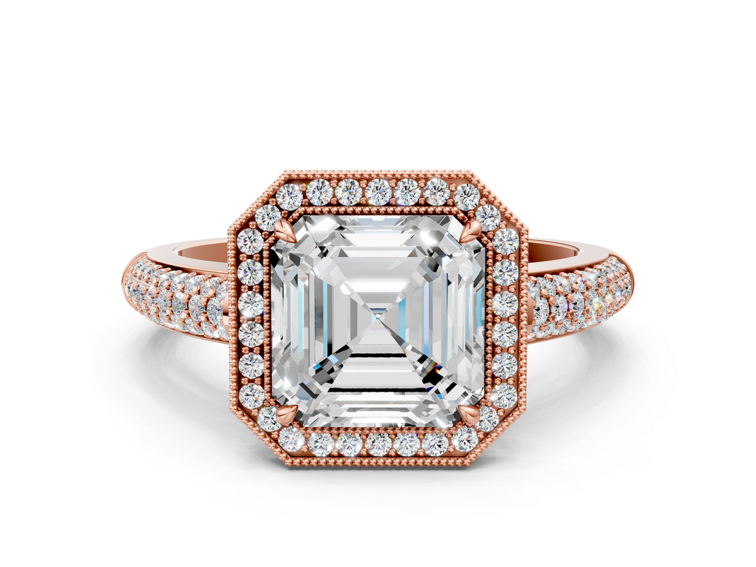 Rose gold Asscher Cut Halo Diamond Pave Band with Four-Prong Setting_23