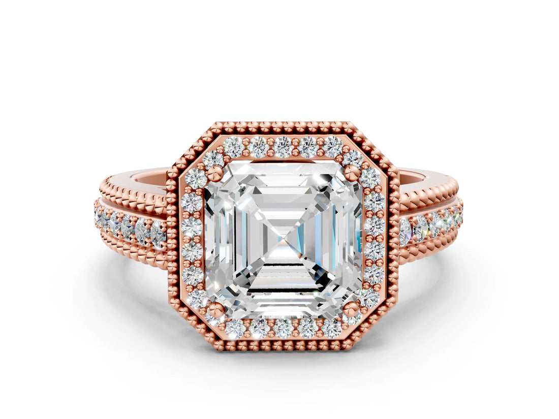 Rose gold Asscher Cut Halo Diamond Ring with Beaded Split Shank and Four-Prong Setting_9