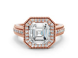 Rose gold Asscher Cut Halo Diamond Ring with Beaded Split Shank and Four-Prong Setting_9