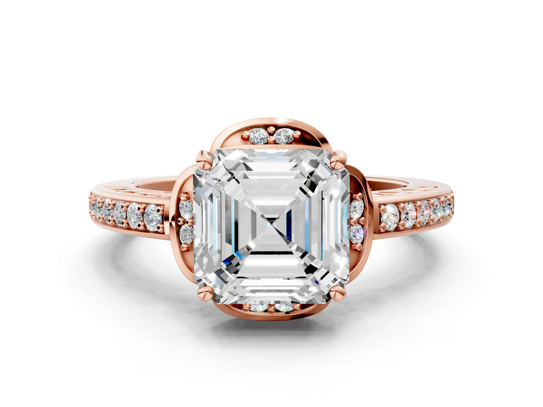 Rose gold Asscher Cut Halo Diamond Ring with Channel Set Band and Four-Prong Setting_52