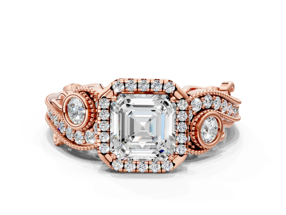 Rose gold Asscher Cut Halo Diamond Ring with Milgrain and Bezel Accents on a Split Shank Band_15