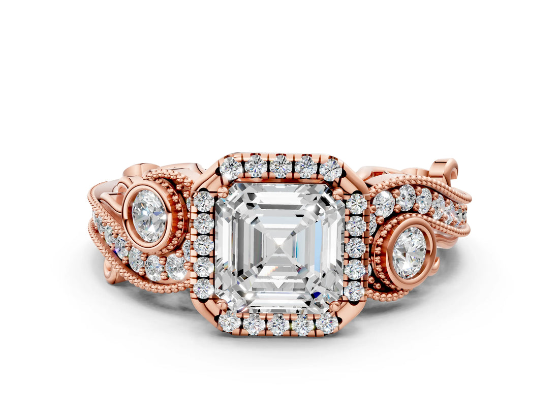 Rose gold Asscher Cut Halo Diamond Ring with Milgrain and Bezel Accents on a Split Shank Band_27