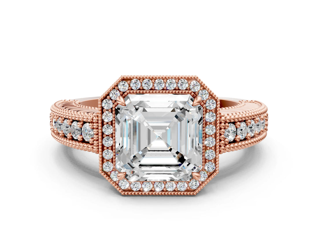 Rose gold Asscher Cut Halo Diamond Ring with Pavé Band and Four-Prong Setting_35