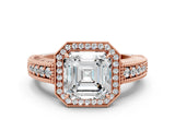 Rose gold Asscher Cut Halo Diamond Ring with Pavé Band and Four-Prong Setting_35