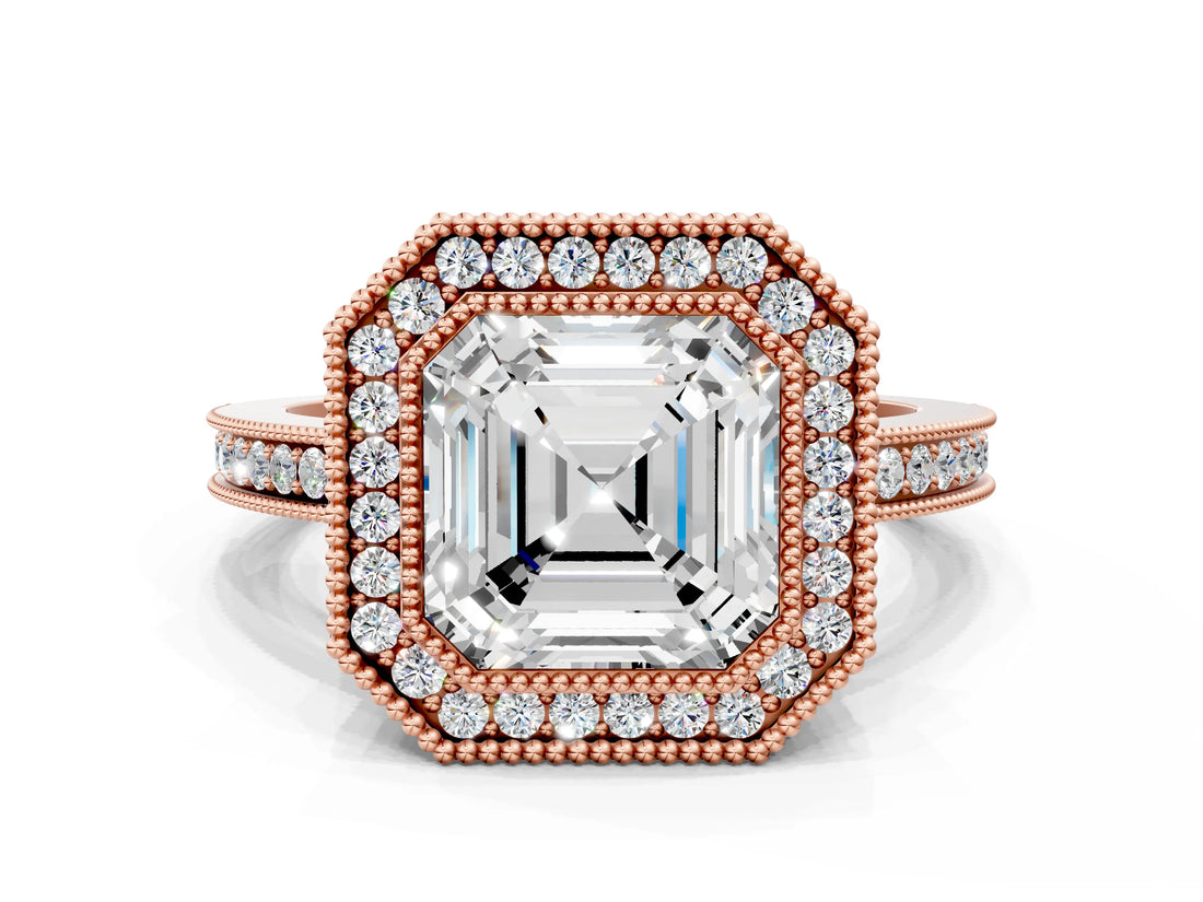 Rose gold Asscher Cut Halo Diamond Ring with Pavé Band and Milgrain Prong Setting_49