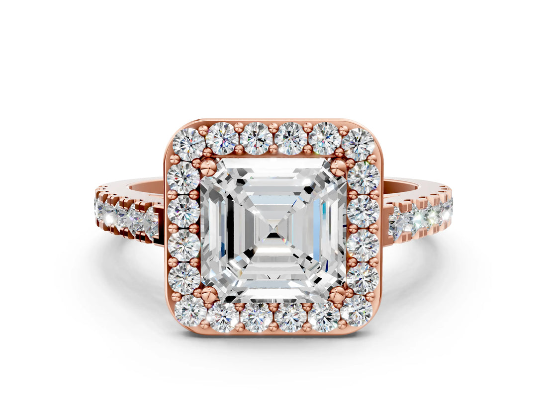 Rose gold Asscher Cut Halo Diamond Ring with Pavé Band and Three-Prong Setting_3