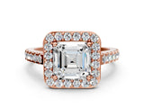 Rose gold Asscher Cut Halo Diamond Ring with Pavé Band and Three-Prong Setting_3
