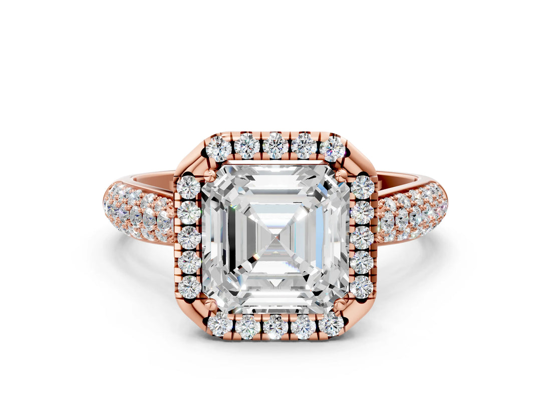 Rose gold Asscher Cut Halo Diamond Ring with Pavé Band_15