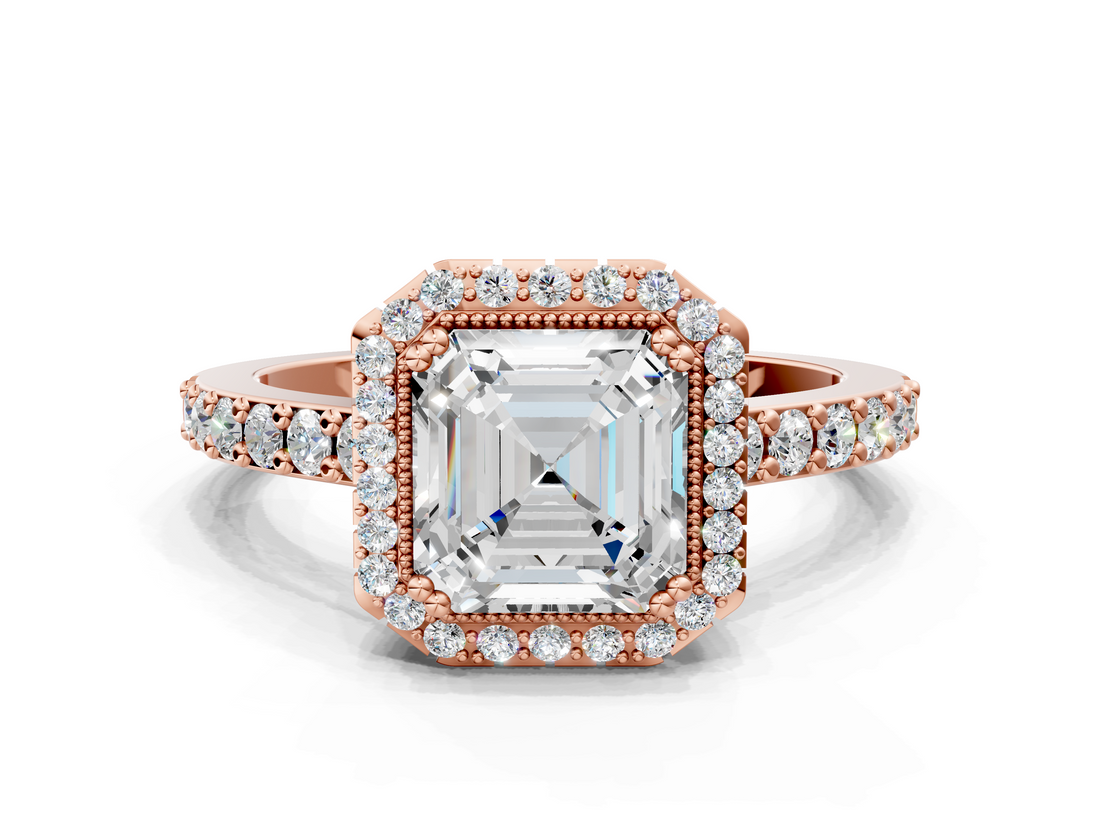 Rose gold Asscher Cut Halo Diamond Ring with Pave Band and Four-Prong Setting_24