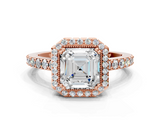 Rose gold Asscher Cut Halo Diamond Ring with Pave Band and Four-Prong Setting_24