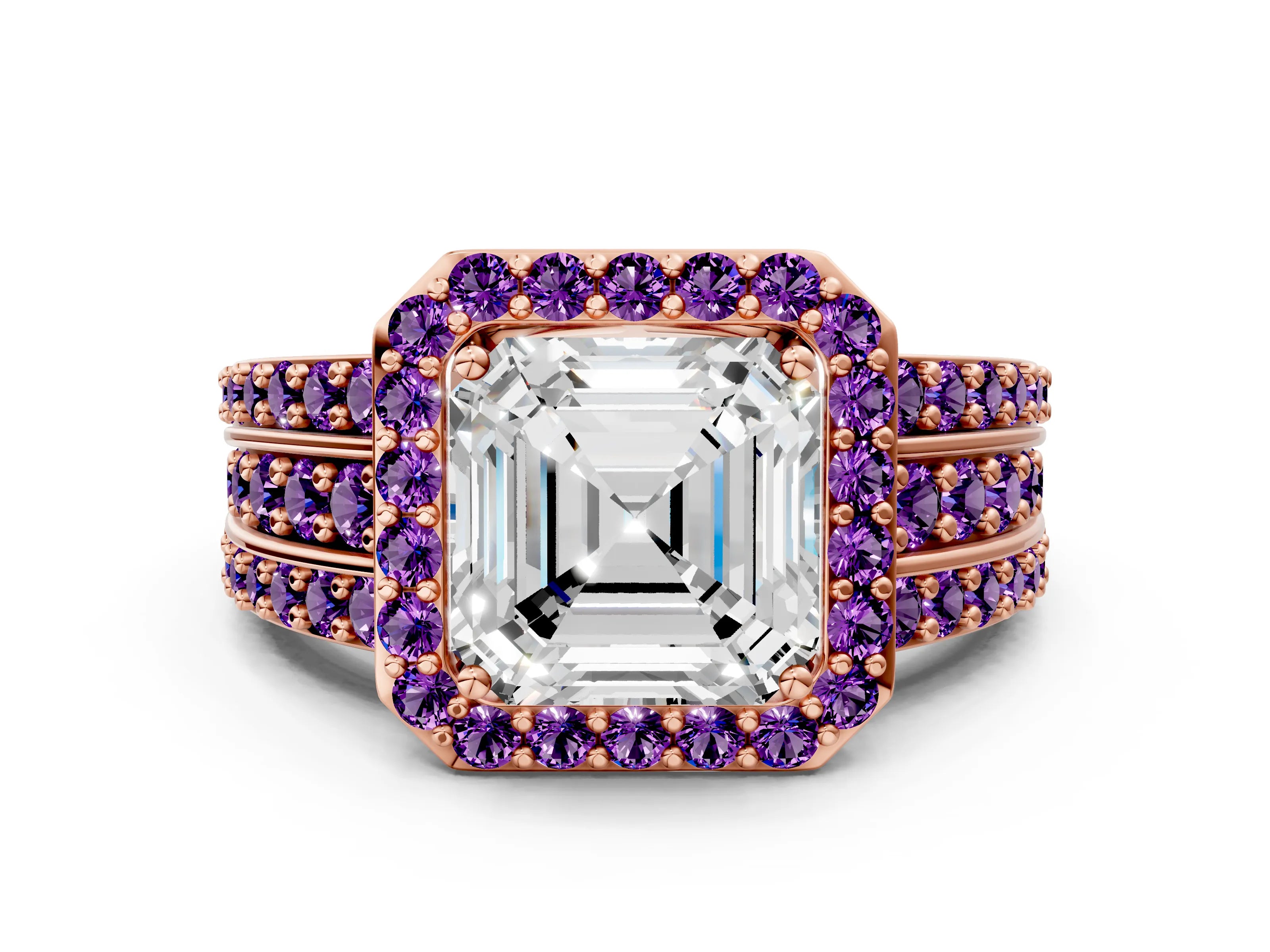 Rose gold Asscher Cut Halo Diamond Ring with Round with Amethyst side stone Split Shank and Prong Setting