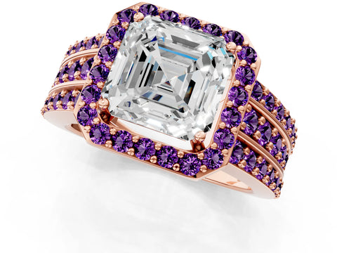 Rose gold Asscher Cut Halo Diamond Ring with Round with Amethyst side stone Split Shank and Prong Setting_1