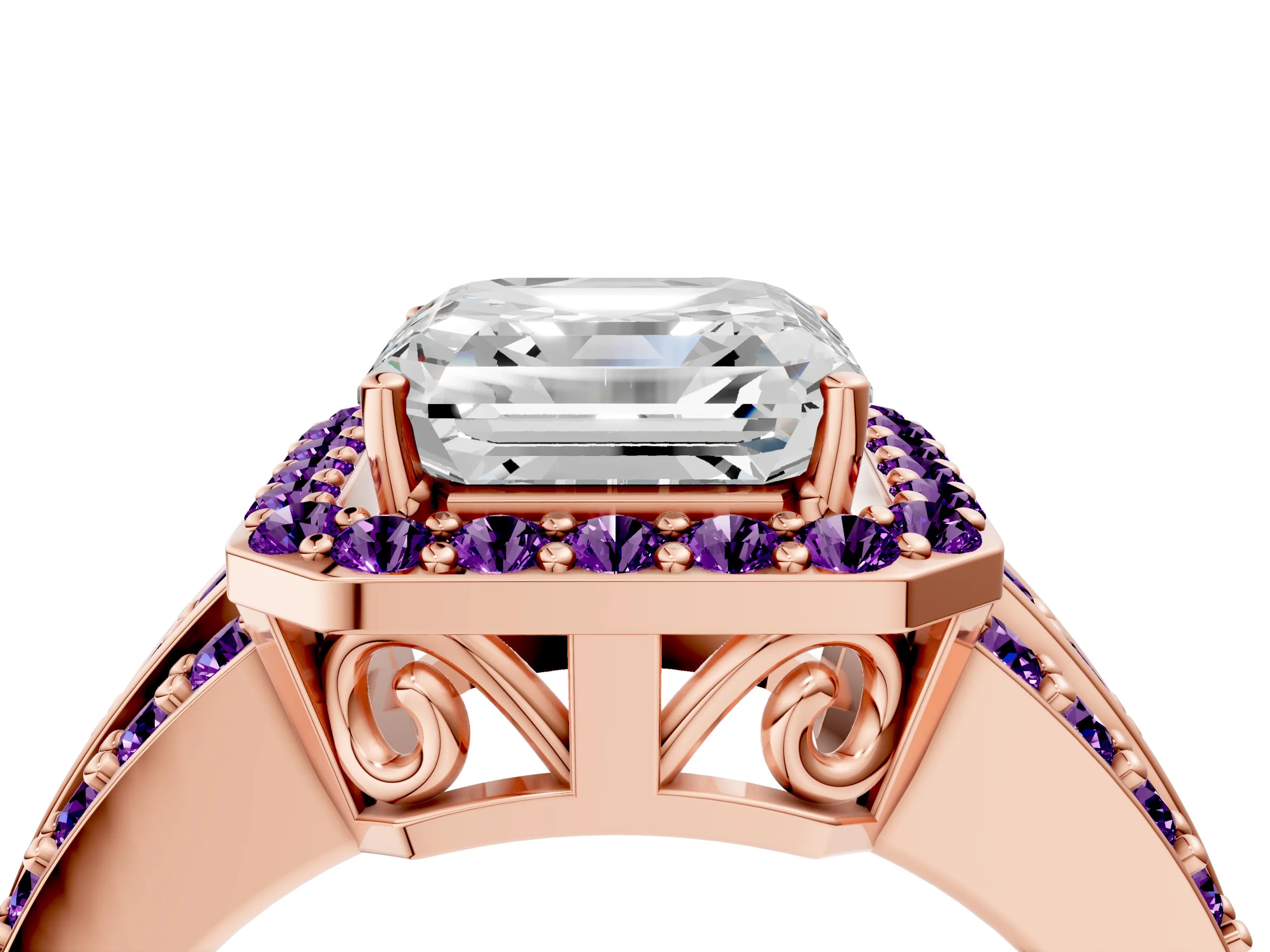 Rose gold Asscher Cut Halo Diamond Ring with Round with Amethyst side stone Split Shank and Prong Setting_4