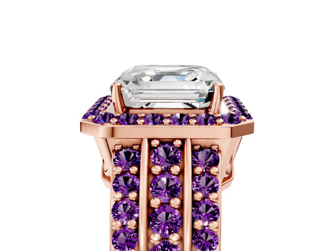 Rose gold Asscher Cut Halo Diamond Ring with Round with Amethyst side stone Split Shank and Prong Setting_5