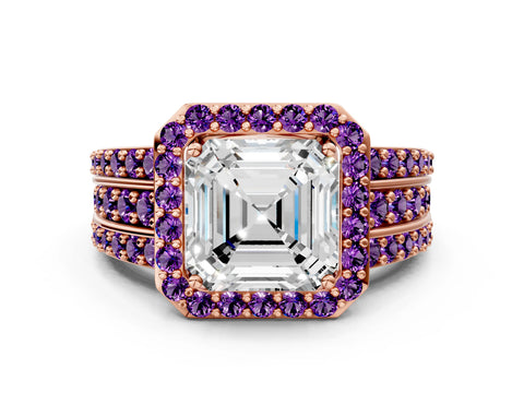 Rose gold Asscher Cut Halo Diamond Ring with Round with Amethyst side stone Split Shank and Prong Setting