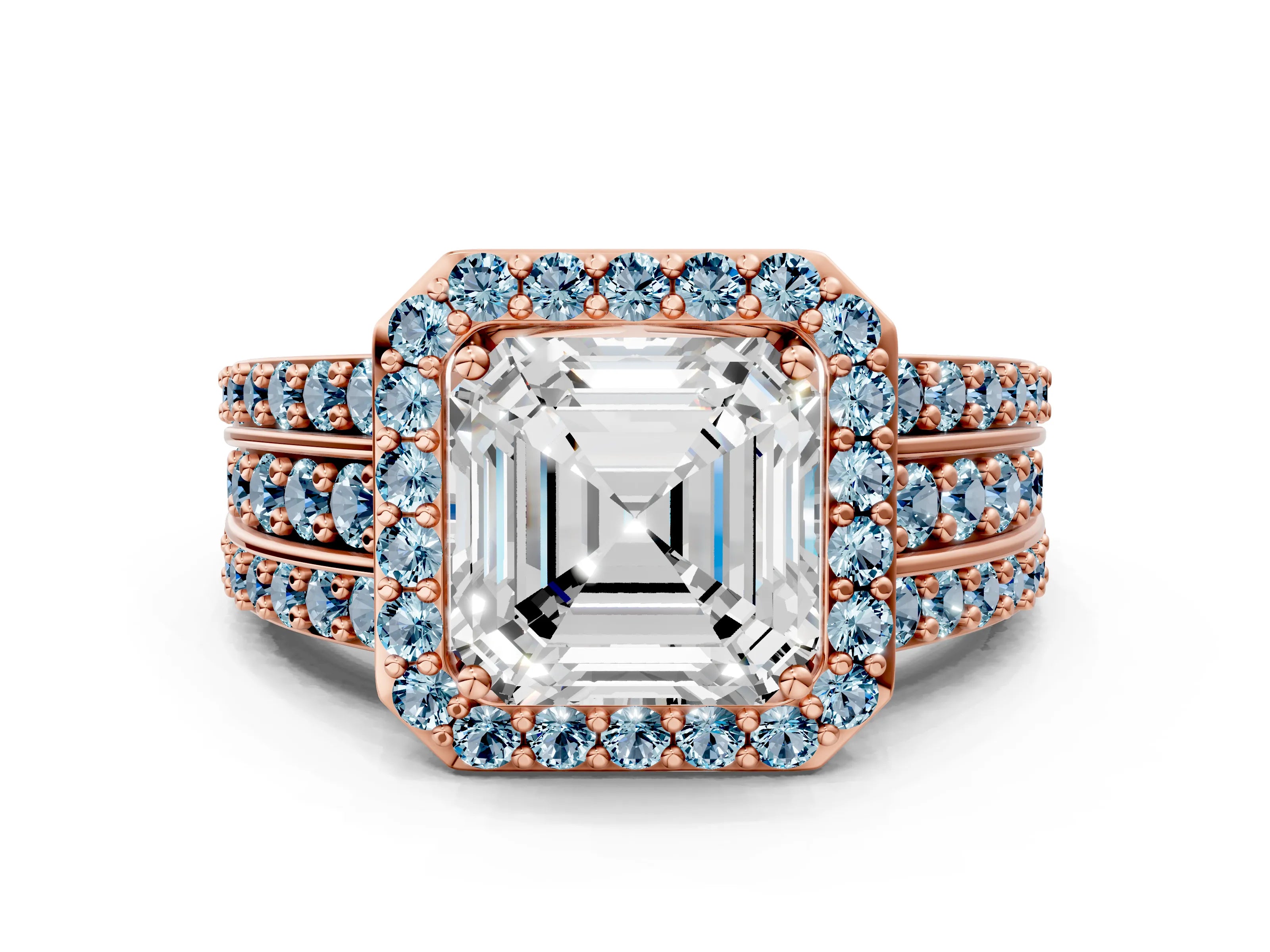 Rose gold Asscher Cut Halo Diamond Ring with Round with Aquamarine side stone Split Shank and Prong Setting