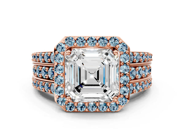 Rose Gold Asscher Cut Halo Engagement Ring Setting with Aquamarine Three Row Pave Band