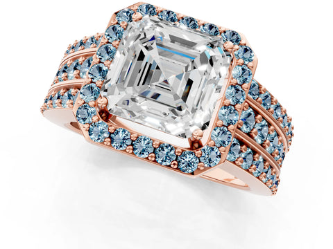 Rose gold Asscher Cut Halo Diamond Ring with Round with Aquamarine side stone Split Shank and Prong Setting_1