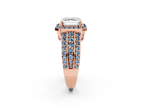 Rose gold Asscher Cut Halo Diamond Ring with Round with Aquamarine side stone Split Shank and Prong Setting_2