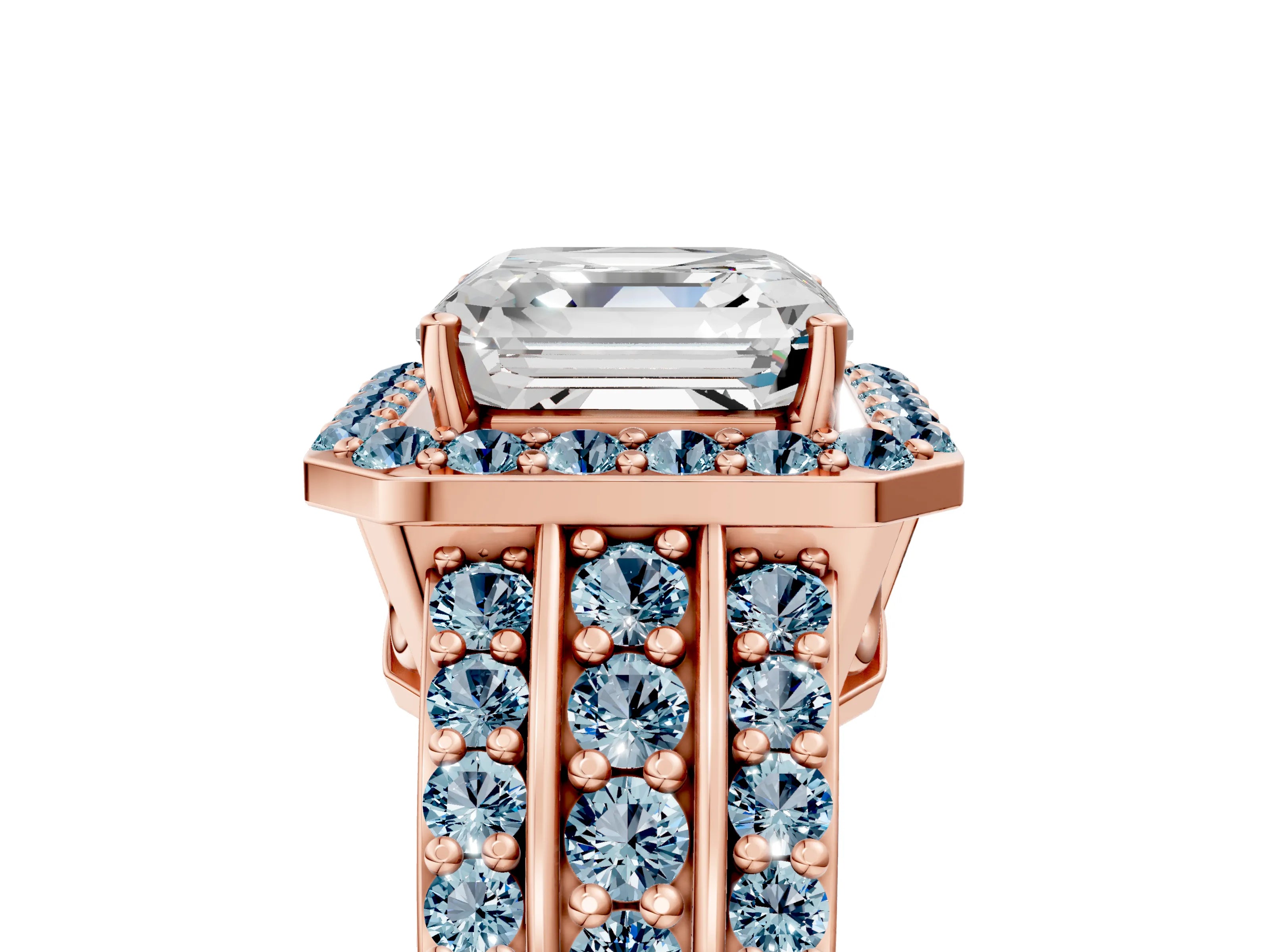 Rose gold Asscher Cut Halo Diamond Ring with Round with Aquamarine side stone Split Shank and Prong Setting_5