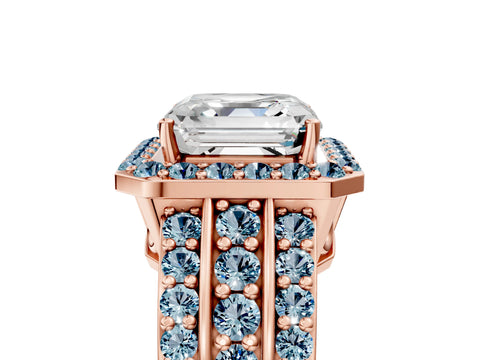 Rose gold Asscher Cut Halo Diamond Ring with Round with Aquamarine side stone Split Shank and Prong Setting_5