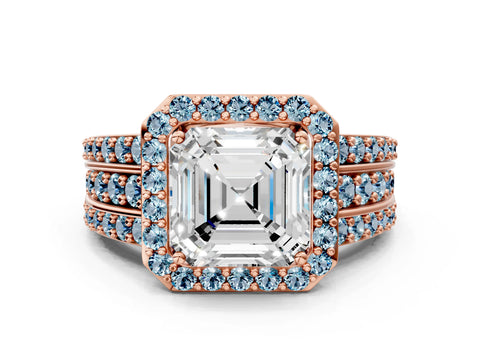 Rose gold Asscher Cut Halo Diamond Ring with Round with Aquamarine side stone Split Shank and Prong Setting