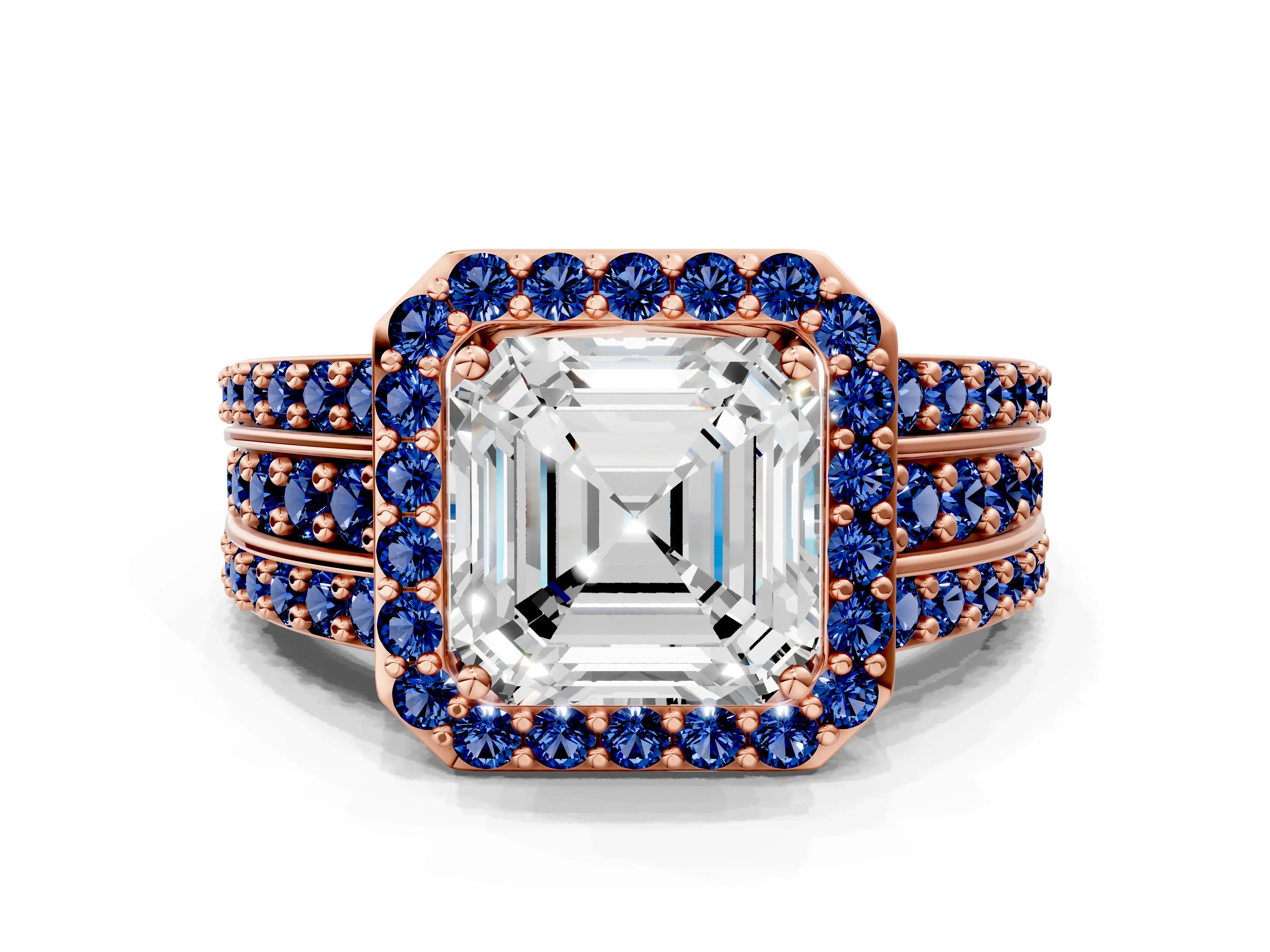 Rose gold Asscher Cut Halo Diamond Ring with Round with Blue Sapphire side stone Split Shank and Prong Setting