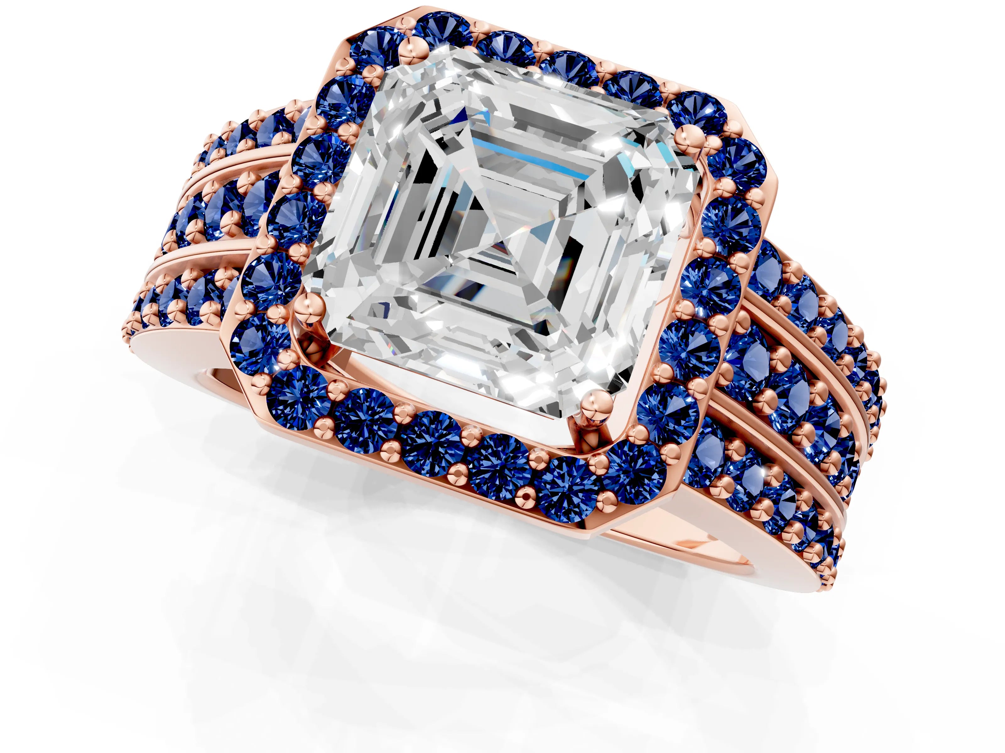 Rose gold Asscher Cut Halo Diamond Ring with Round with Blue Sapphire side stone Split Shank and Prong Setting_1