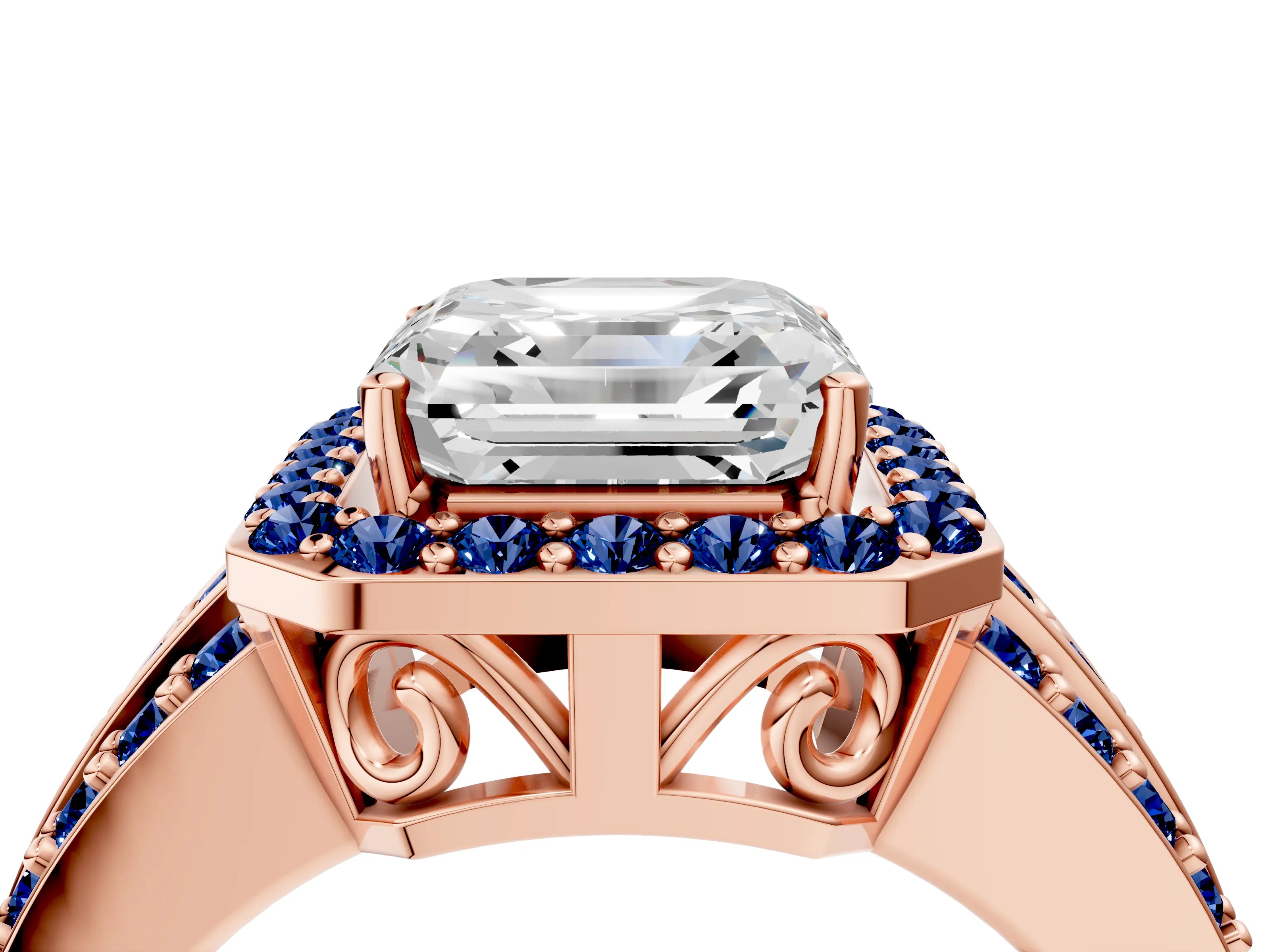 Rose gold Asscher Cut Halo Diamond Ring with Round with Blue Sapphire side stone Split Shank and Prong Setting_4