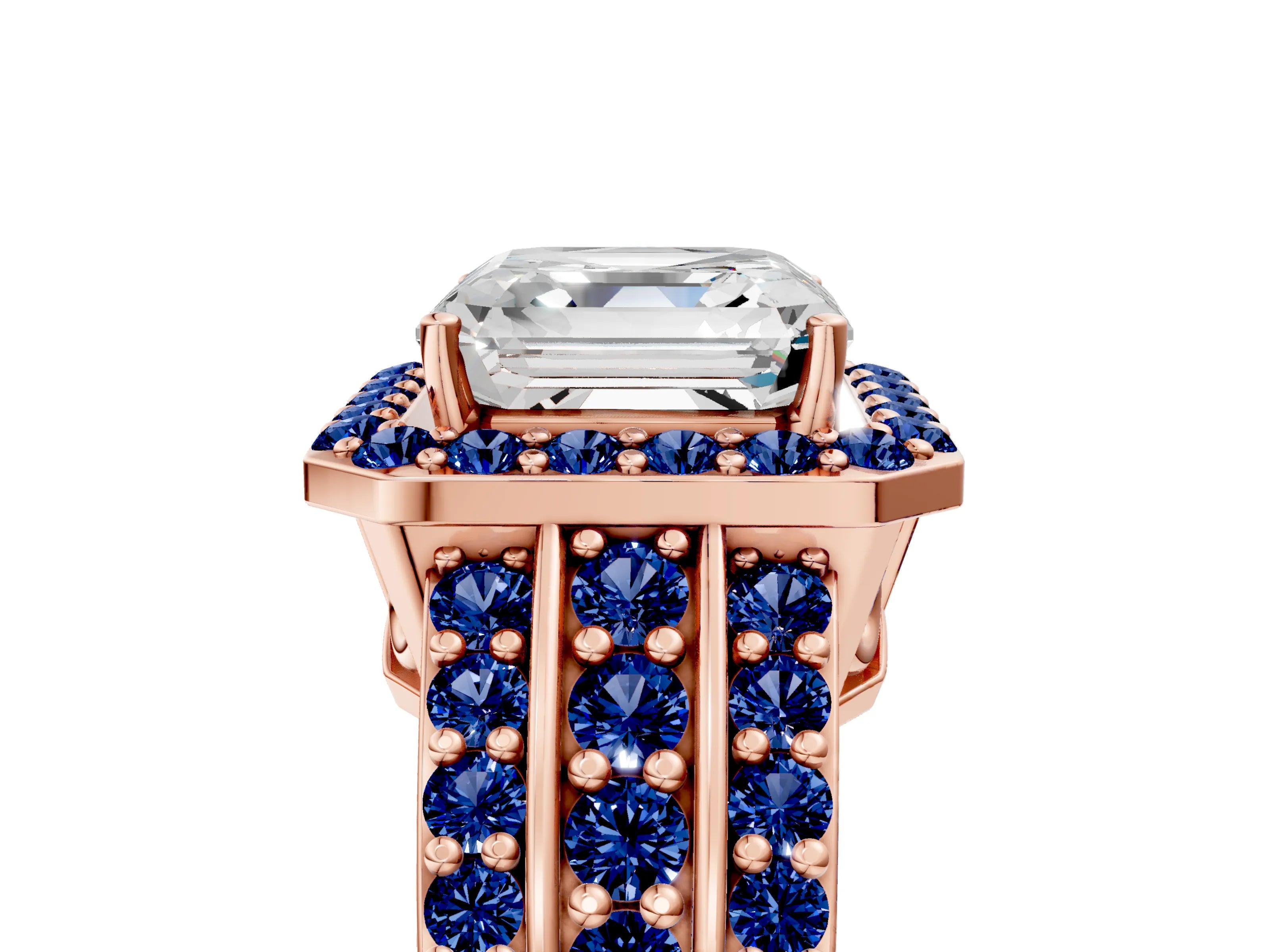 Rose gold Asscher Cut Halo Diamond Ring with Round with Blue Sapphire side stone Split Shank and Prong Setting_5