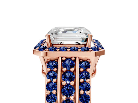 Rose gold Asscher Cut Halo Diamond Ring with Round with Blue Sapphire side stone Split Shank and Prong Setting_5