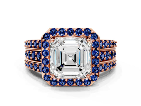 Rose gold Asscher Cut Halo Diamond Ring with Round with Blue Sapphire side stone Split Shank and Prong Setting