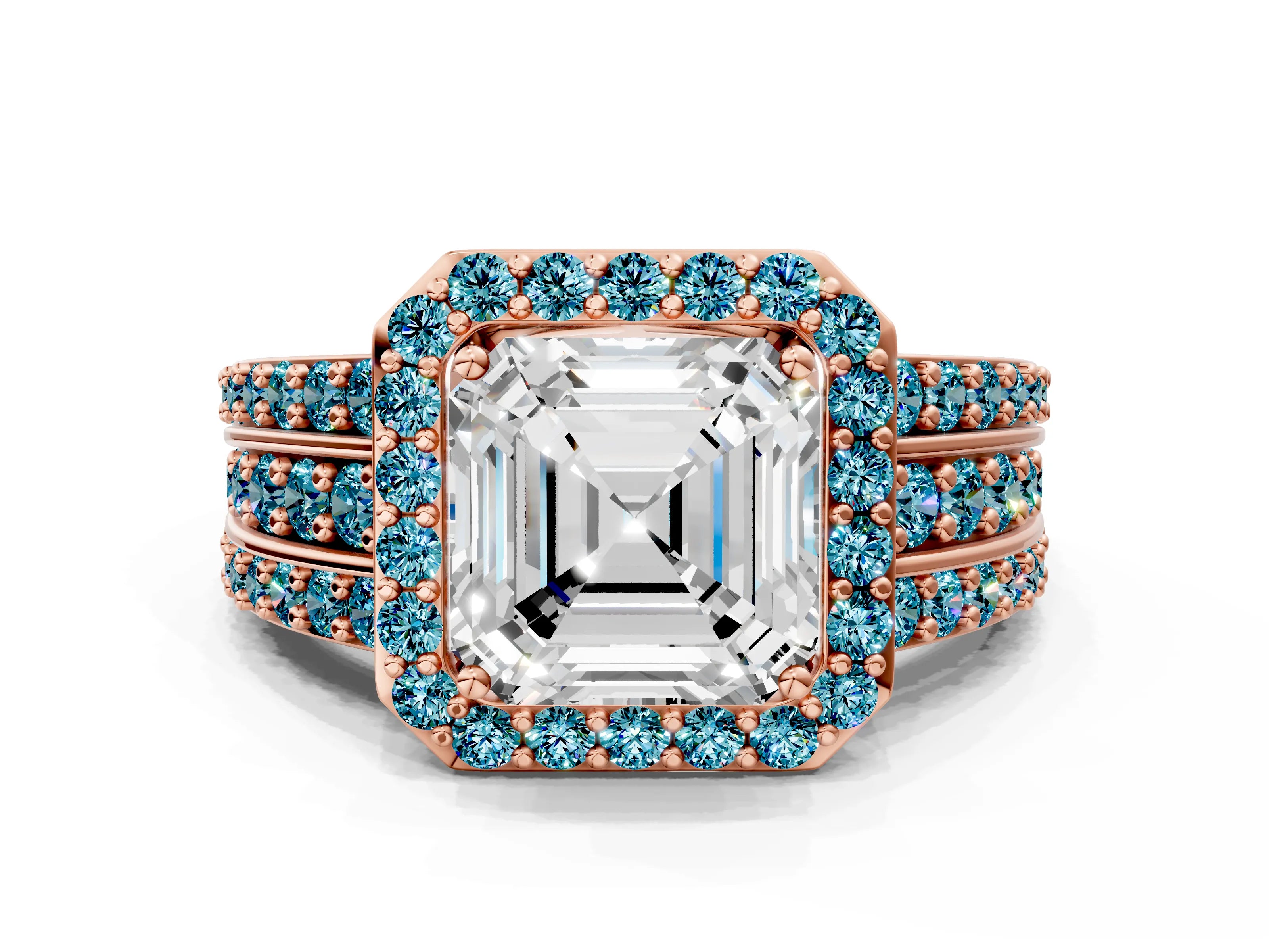 Rose gold Asscher Cut Halo Diamond Ring with Round with Blue Topaz side stone Split Shank and Prong Setting