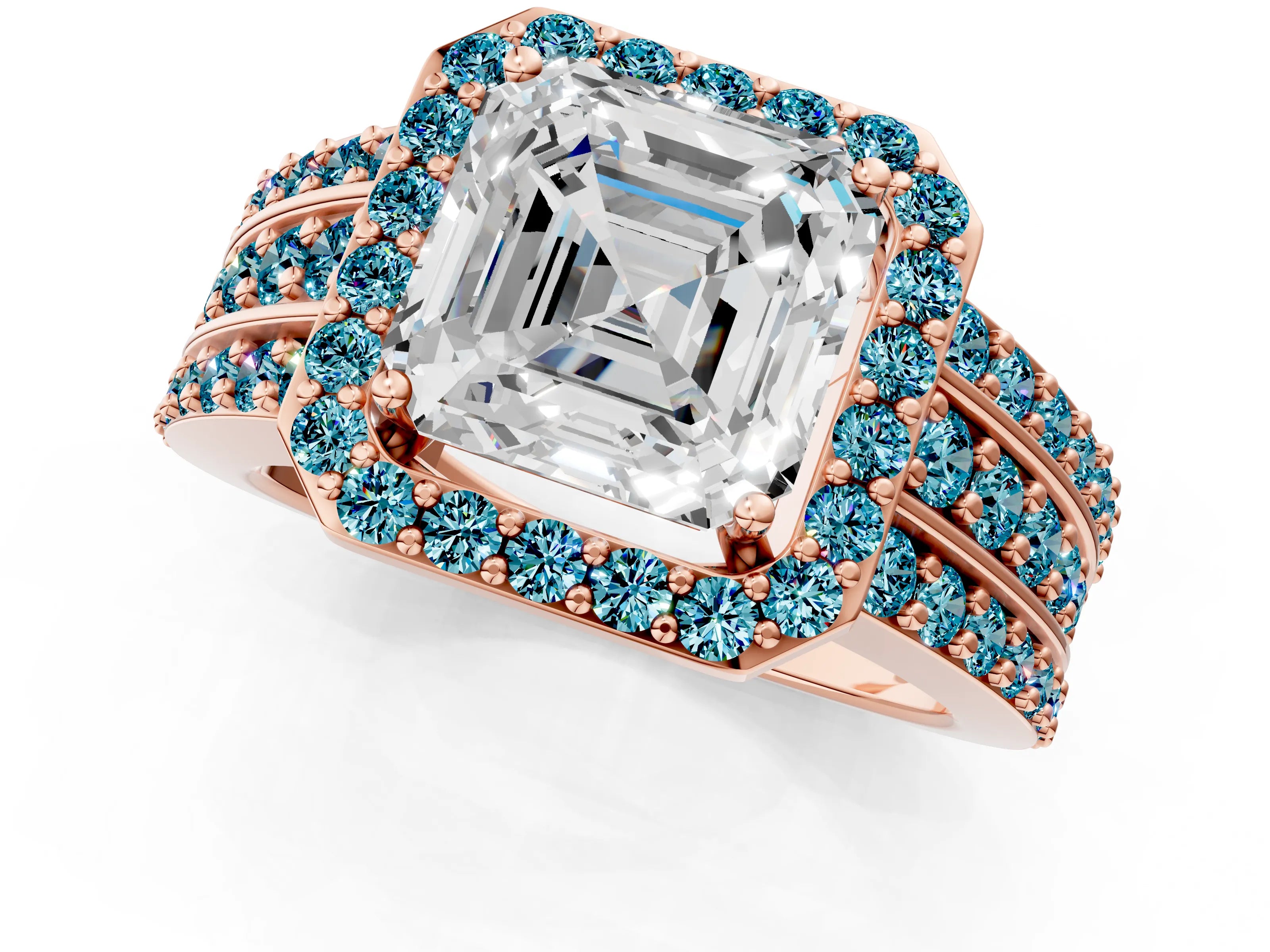 Rose gold Asscher Cut Halo Diamond Ring with Round with Blue Topaz side stone Split Shank and Prong Setting_1