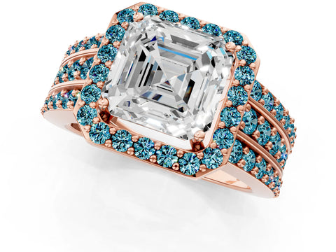 Rose gold Asscher Cut Halo Diamond Ring with Round with Blue Topaz side stone Split Shank and Prong Setting_1
