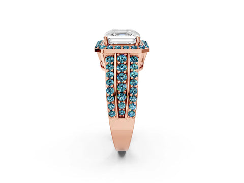 Rose gold Asscher Cut Halo Diamond Ring with Round with Blue Topaz side stone Split Shank and Prong Setting_2