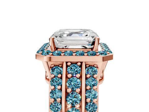 Rose gold Asscher Cut Halo Diamond Ring with Round with Blue Topaz side stone Split Shank and Prong Setting_5