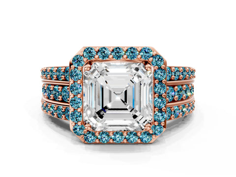 Rose gold Asscher Cut Halo Diamond Ring with Round with Blue Topaz side stone Split Shank and Prong Setting