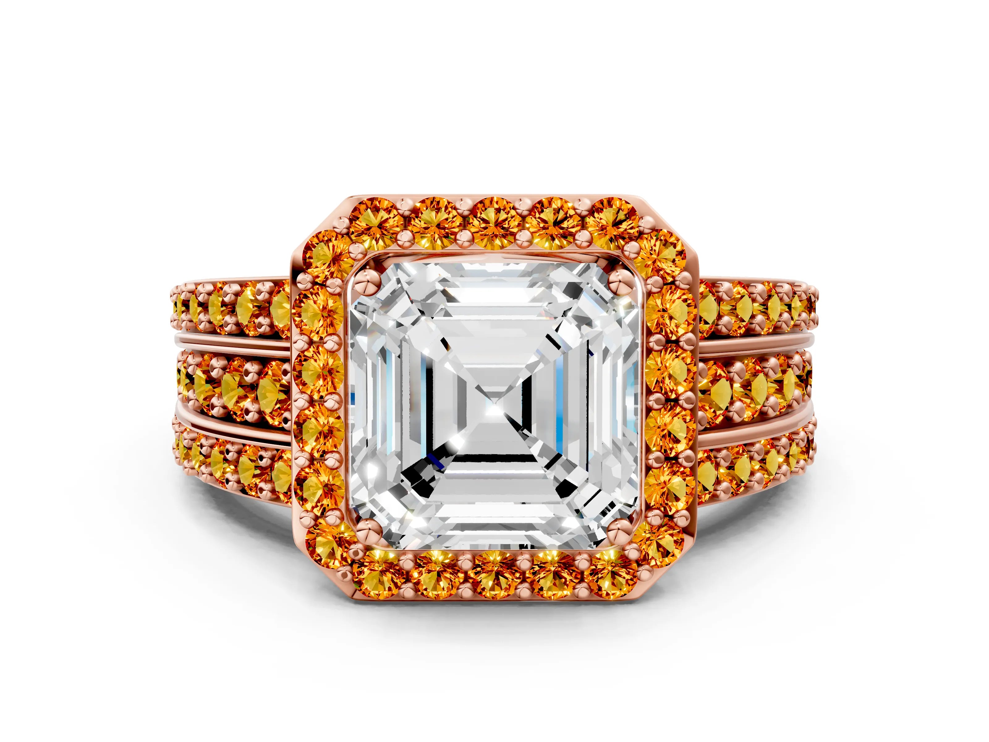Rose gold Asscher Cut Halo Diamond Ring with Round with Citrine side stone Split Shank and Prong Setting