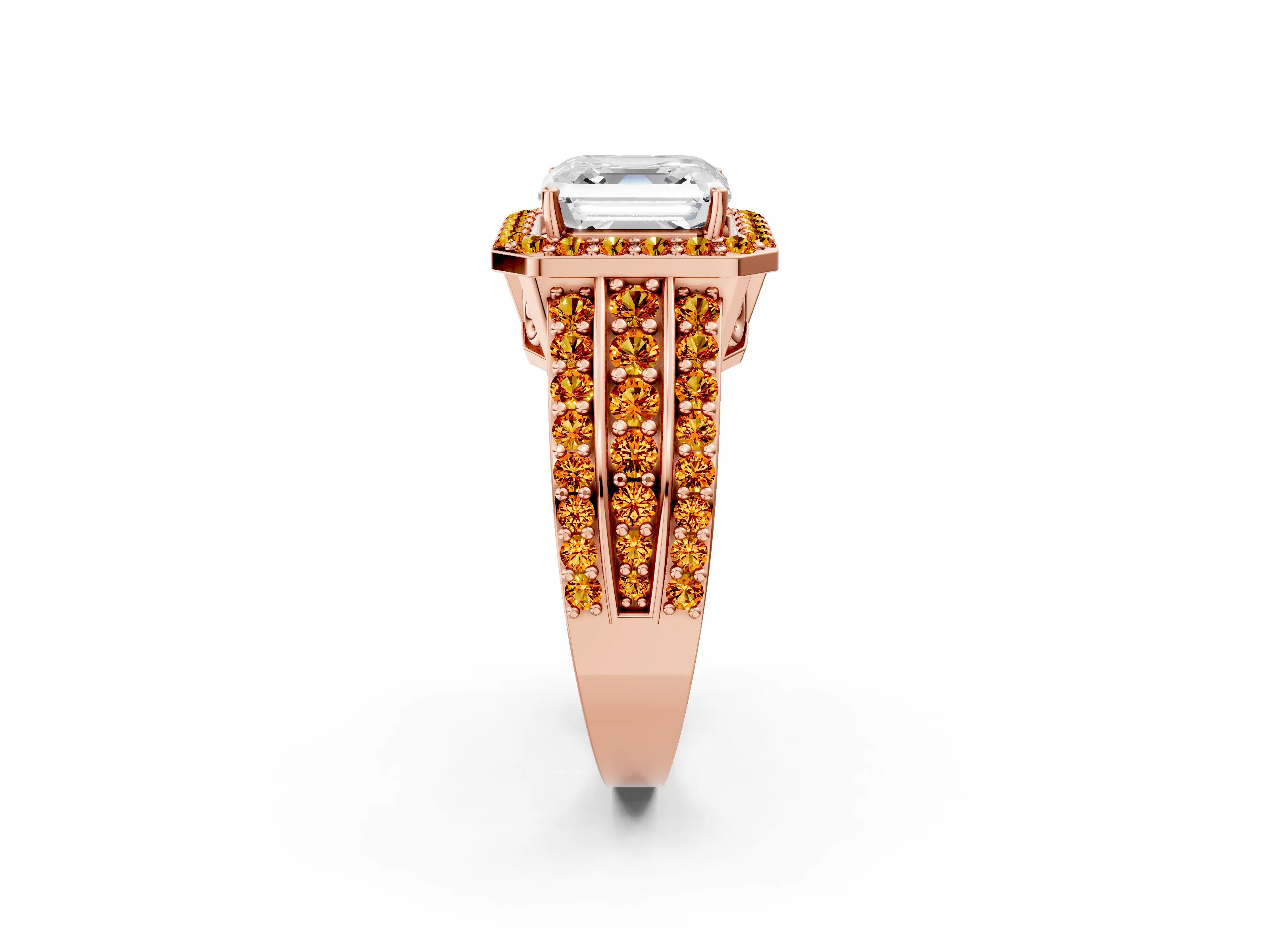 Rose gold Asscher Cut Halo Diamond Ring with Round with Citrine side stone Split Shank and Prong Setting_2