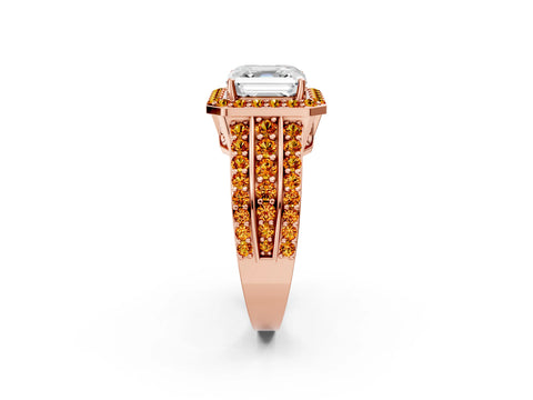 Rose gold Asscher Cut Halo Diamond Ring with Round with Citrine side stone Split Shank and Prong Setting_2