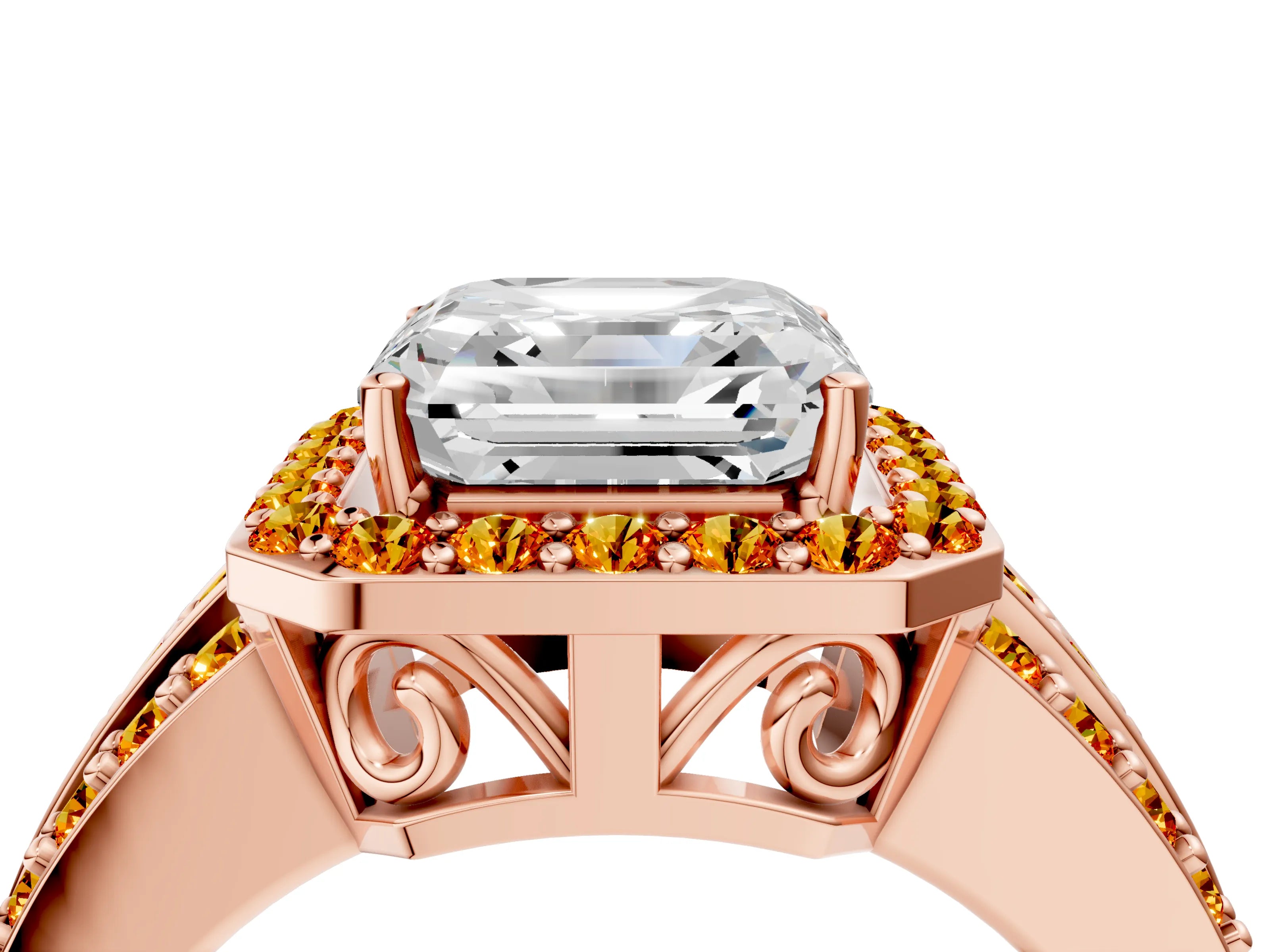 Rose gold Asscher Cut Halo Diamond Ring with Round with Citrine side stone Split Shank and Prong Setting_4