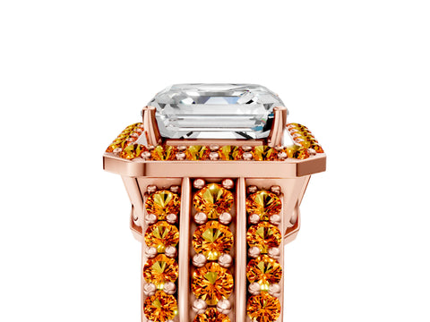 Rose gold Asscher Cut Halo Diamond Ring with Round with Citrine side stone Split Shank and Prong Setting_5
